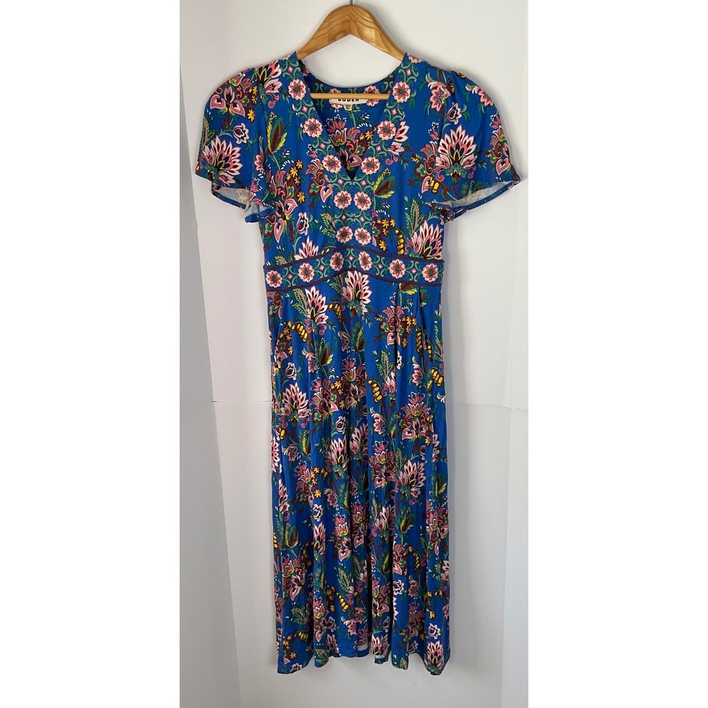 Boden Ellie Flutter Maxi Tea Dress Blue Floral Paisley Pockets US 6P D0927